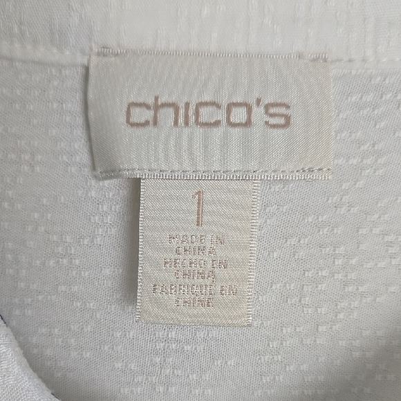 Chicos Blue Floral Full Zip Bomber Jacket White Rayon Size 1 Small Medium - Picture 2 of 13